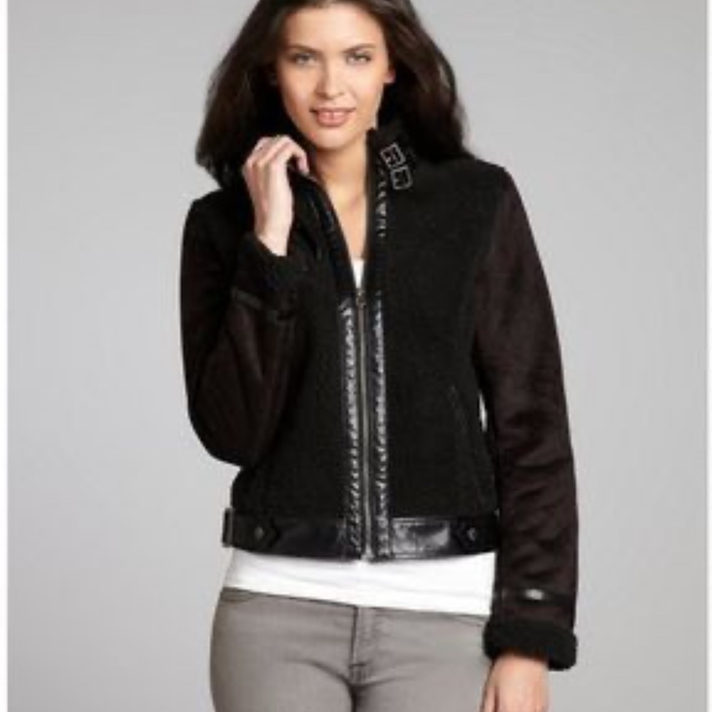 Members Only-Black Moto faux suede/plush black jacket-cool neck straps-S NWT